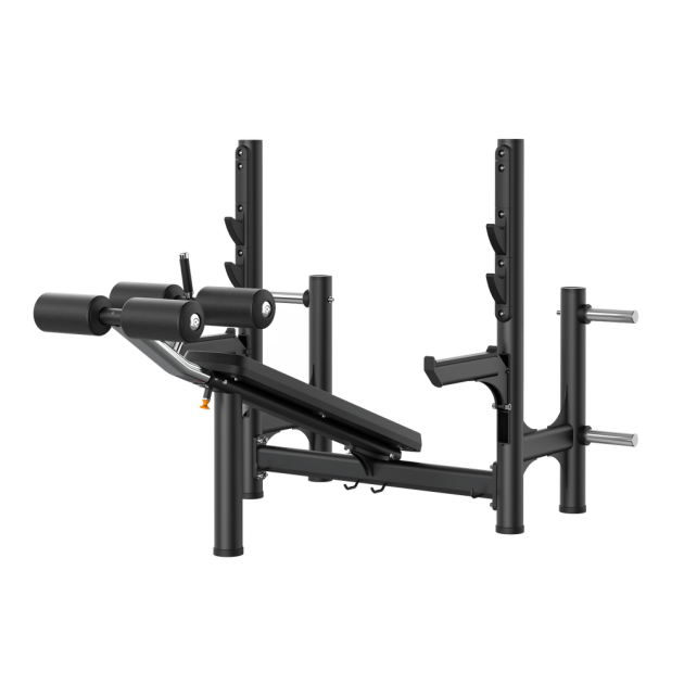 Тренажер RE6004 Олимпийская скамья с отрицательным наклоном для жима (со страховочными опорами)